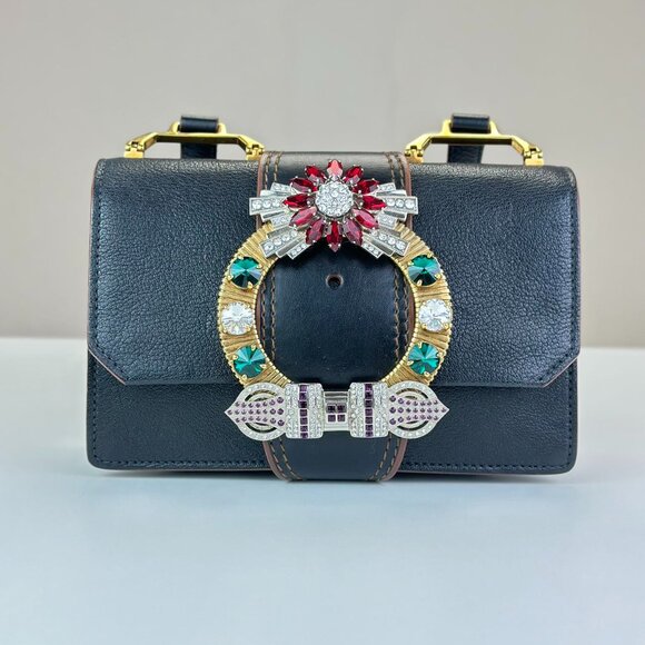 Miu Miu Black Leather Crystal Shoulder Bag Crossbody - Picture 1 of 8